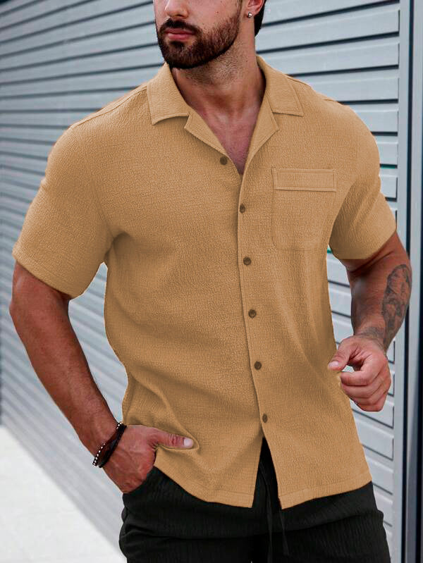 Contemporary Beige Cropped Collar Short Sleeve Shirt - Trendy Modern Fit for Stylish Comfort
