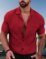 Elegant Maroon Cropped Collar Short Sleeve Shirt - Modern Fit for Contemporary Style
