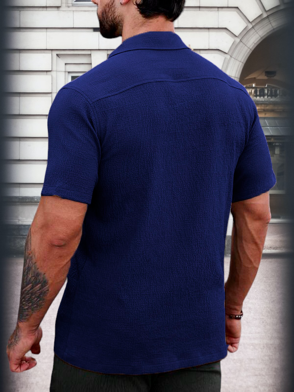 Versatile Dark Blue Cropped Collar Short Sleeve Shirt - Modern Fit for Trendsetting Style