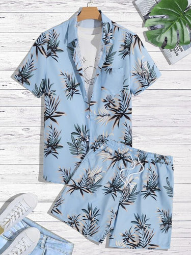 Men leaves Print Hawaiian Short Sleeve Shirt - Co-Ords Set Summer Casual