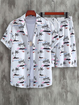 Men Coconut Tree Print Hawaiian Short Sleeve Shirt - Co-Ords Set White Colour Summer Casual