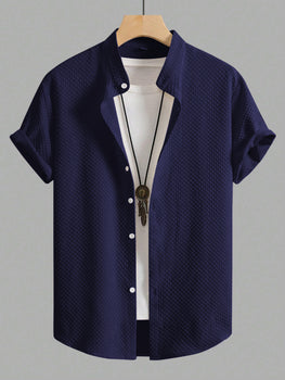 Versatile Dark Blue Colour Premium Checked Textured Short Sleeve Shirt