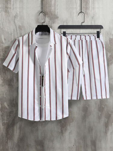 Ascot Maroon Brown Striped Relaxed-Fit Shirt & Shorts Set