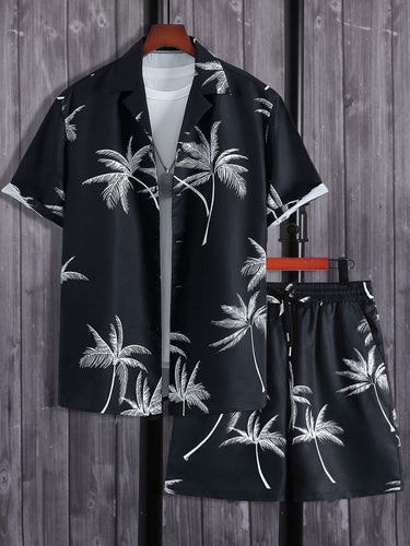 Mens Summer Outfit 2-Piece Set Black Colour Short Sleeve Shirts and Shorts Hawaiian Set