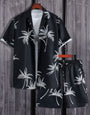 Mens Summer Outfit 2-Piece Set Black Colour Short Sleeve Shirts and Shorts Hawaiian Set