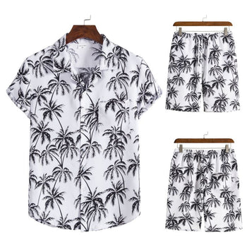 Men Coconut Tree Print Hawaii Short Sleeve Shirts Shorts Set Summer Casual collection