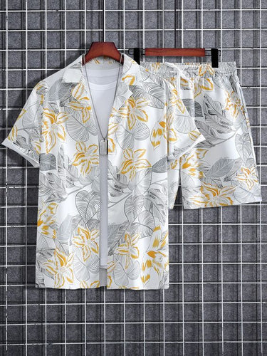 Negir Men's Hawaiian Shirt and Shorts Set Short Sleeve Floral Print