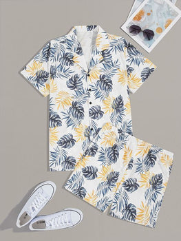 Men Floral Tropical Print Pajamas Soft Faux Silk Sleepwear with Short Sleeve Shirt & Short