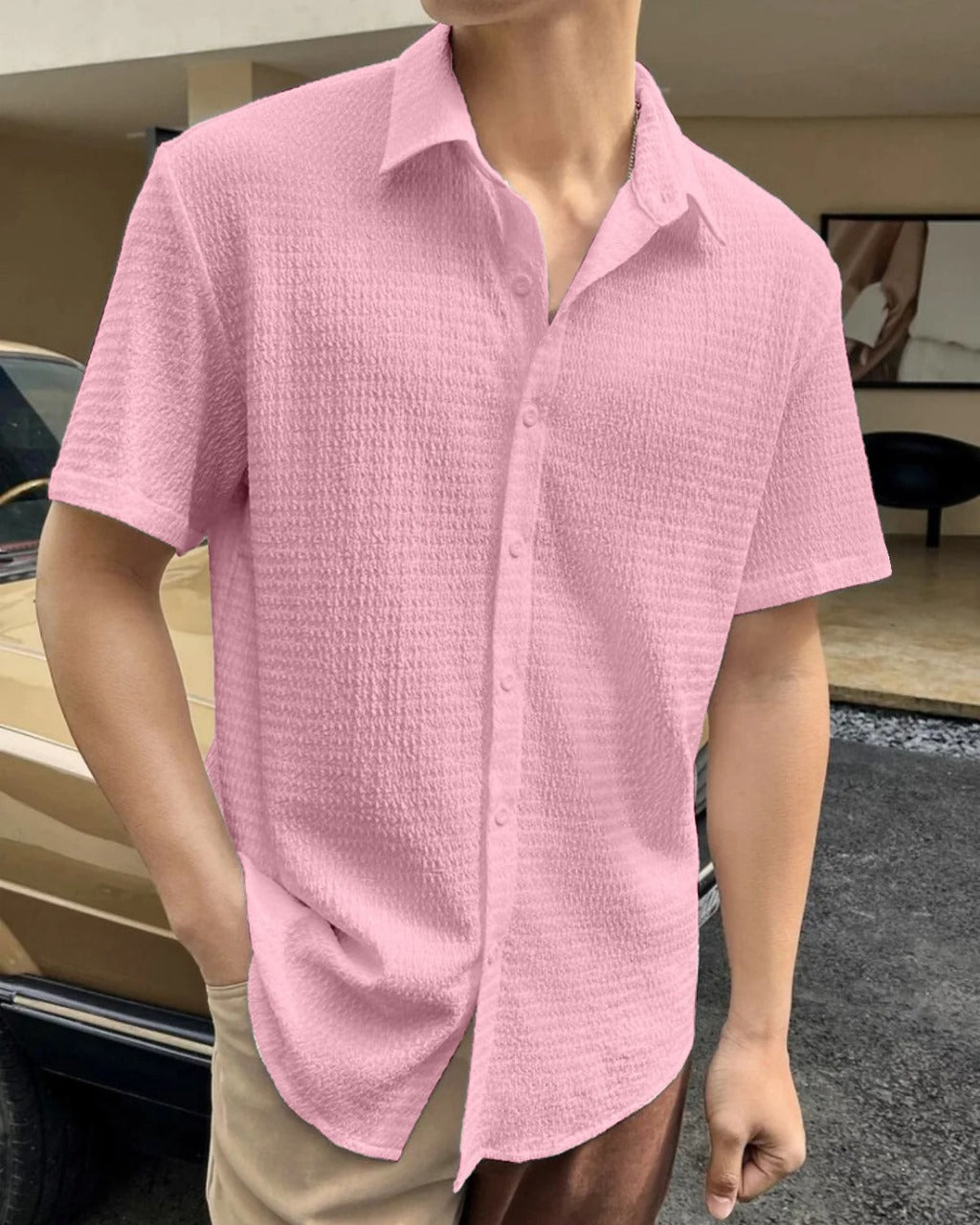 Pink Seersucker Half Sleeve Shirt
