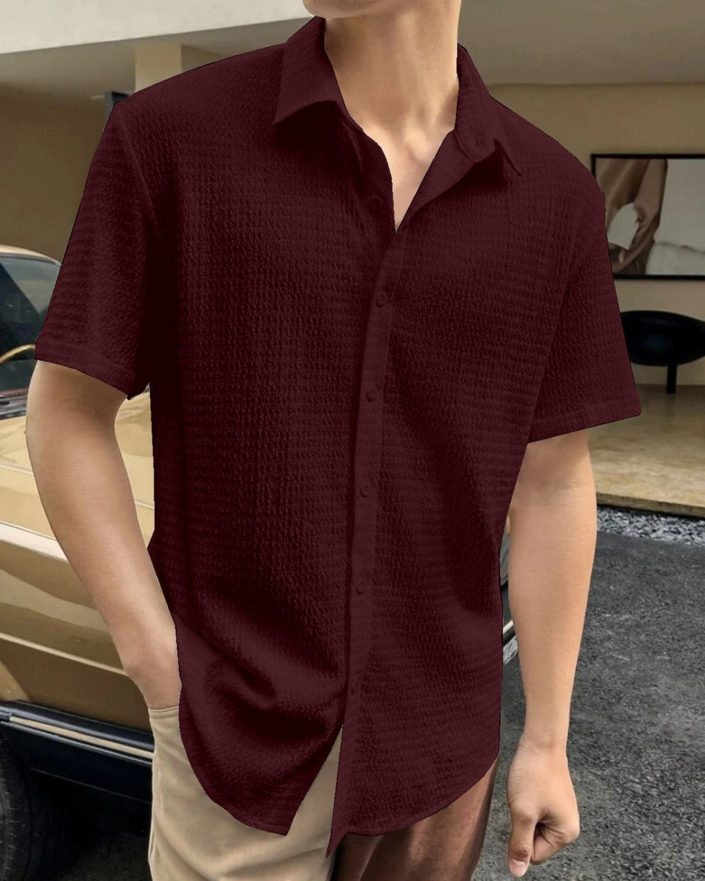 Desirable Dark Maroon Seersucker Half Sleeve Shirt