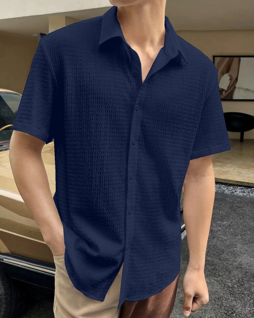 Royal Blue Seersucker Half Sleeve Shirt