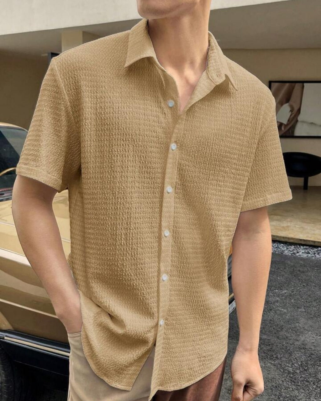 Beige Seersucker Half Sleeve Shirt
