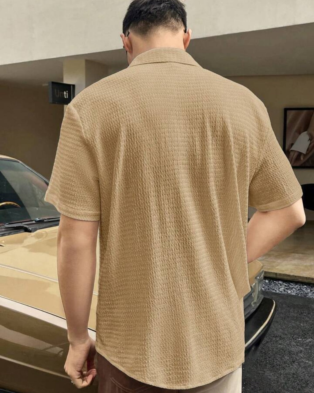 Beige Seersucker Half Sleeve Shirt