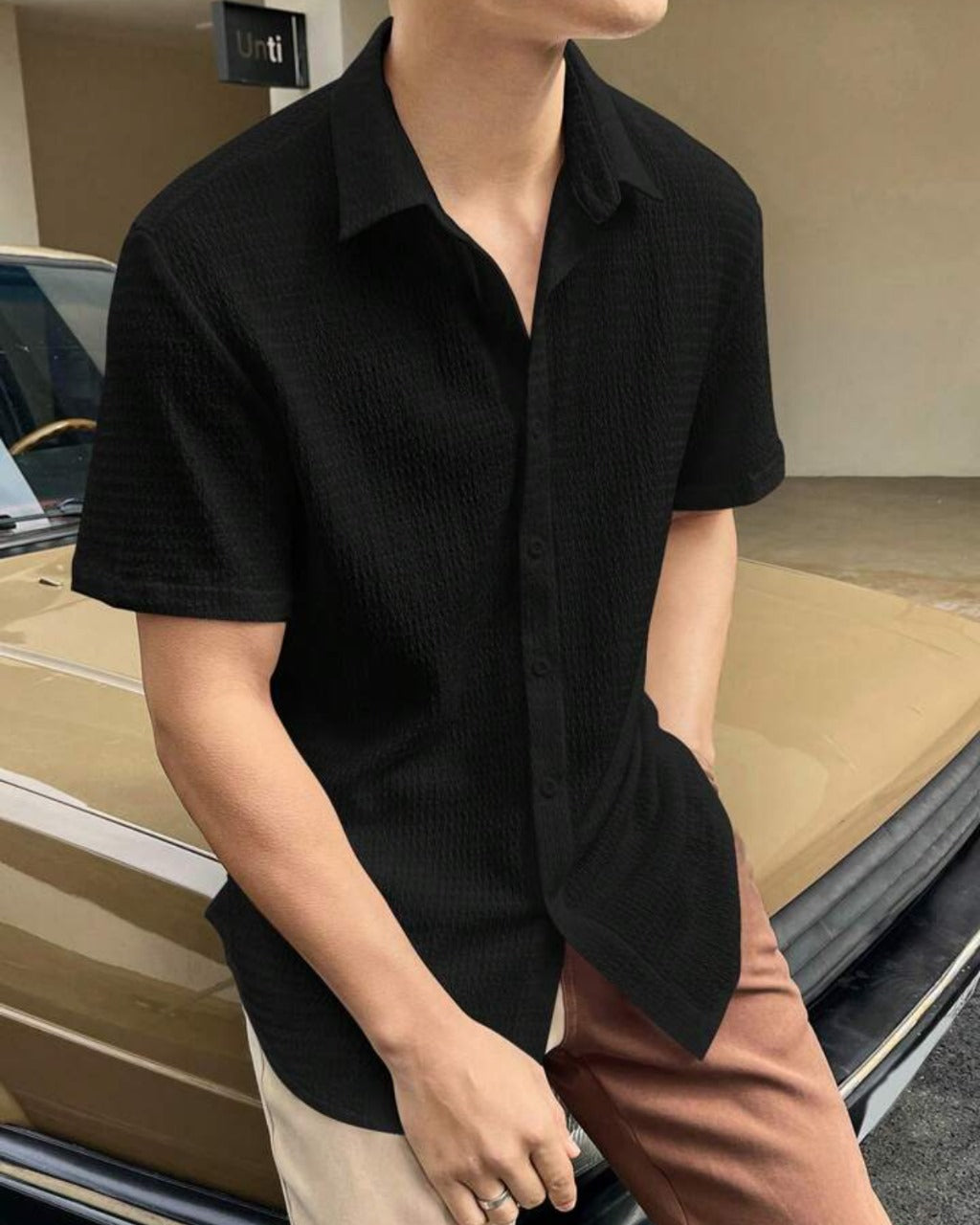 Pleasant Black Seersucker Half Sleeve Shirt