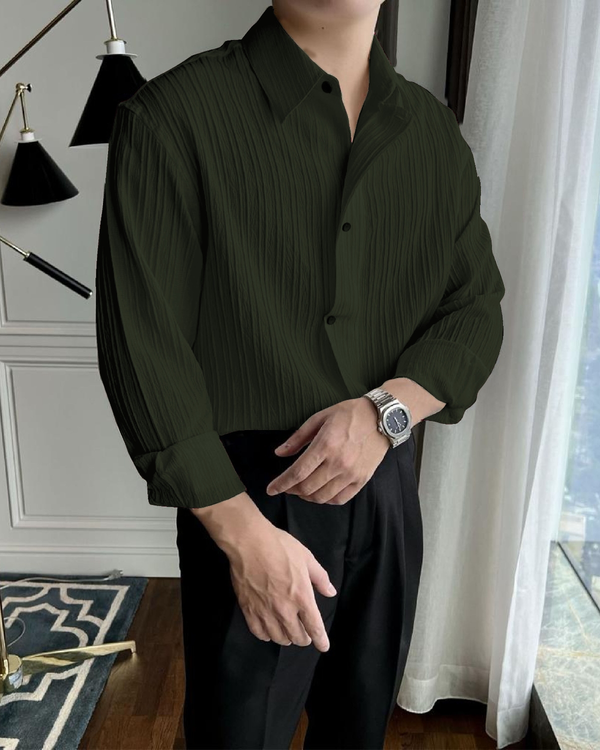 Stylish Green Colour Lining Structured Full Sleeve Shirt
